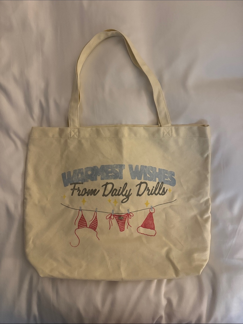 Daily Drills Cream Canvas Tote with Blue and Red Holiday Graphic